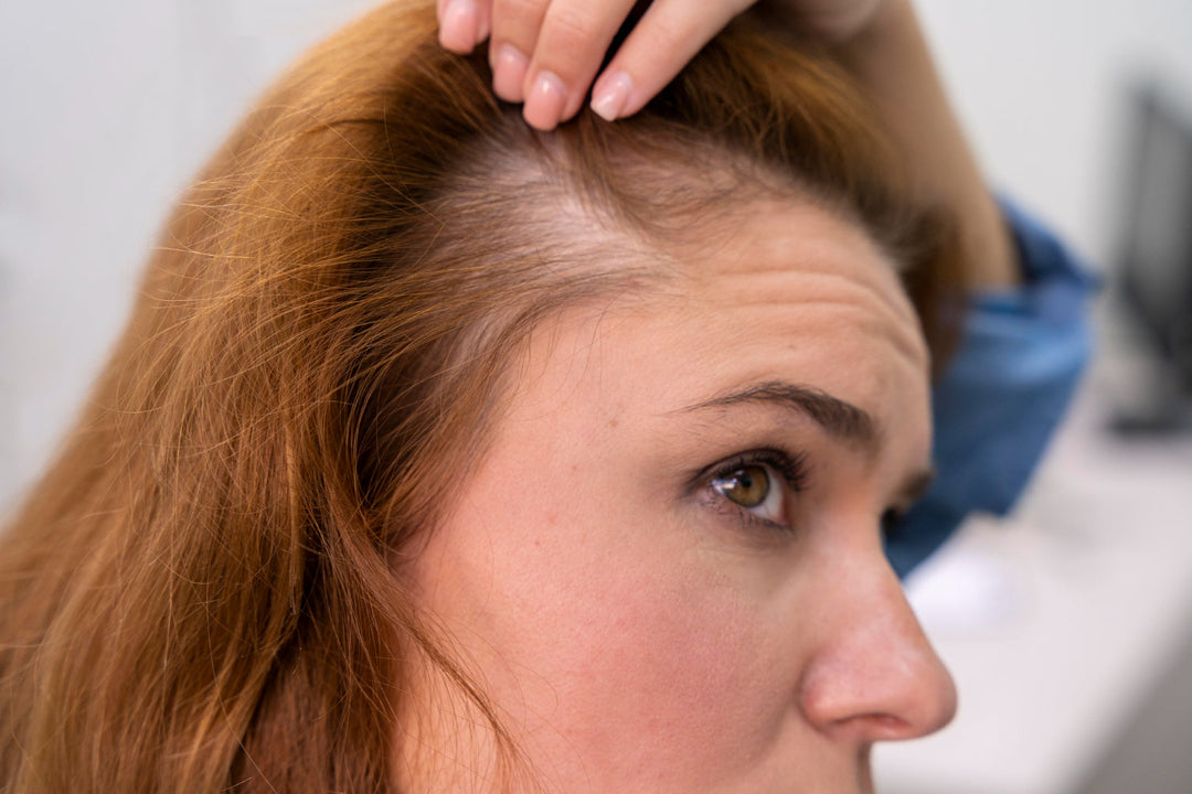 Woman in her forties running her fingers through her hair while looking in a bathroom mirror