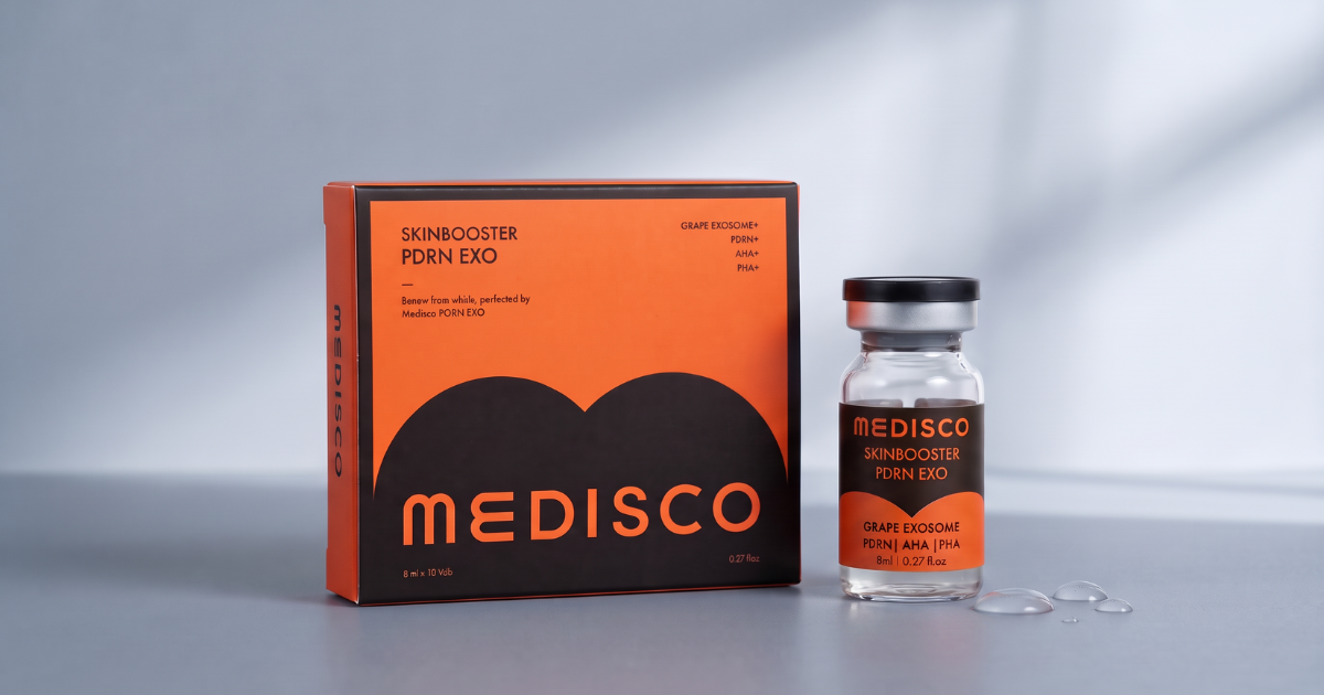 Medisco PDRN EXO Skin Booster box and vial on a soft grey surface with natural window light