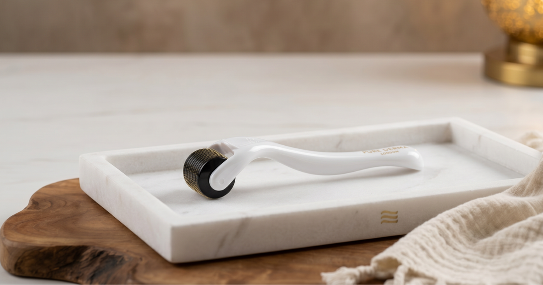 Woman holding a derma roller before an at home microneedling session