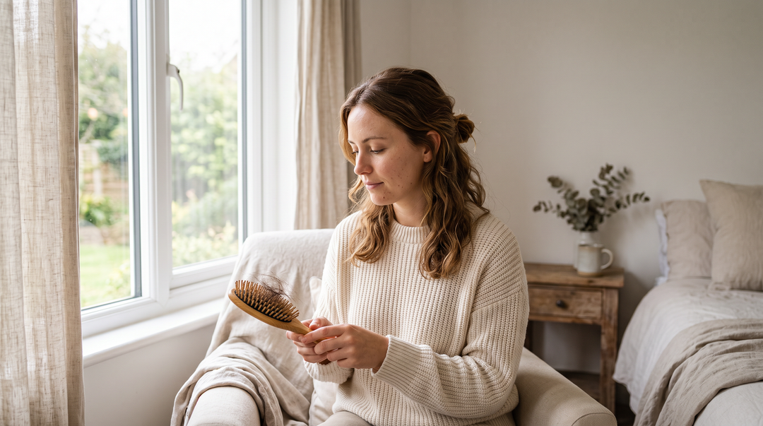 New mother sitting by a window holding a wooden hairbrush with a loose clump of shed hair caught in the bristles, checking her hair for postpartum shedding