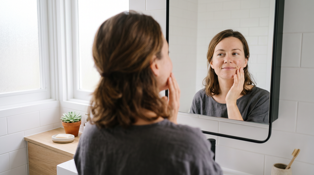 Woman looking into a bathroom mirror gently touching her even toned skin as part of a stress recovery skincare routine