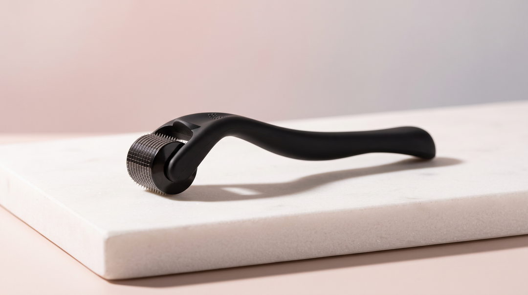 The Pure Derma Hair & Beard Derma Roller with 540 titanium microneedles, used for at home scalp microneedling and hair growth.