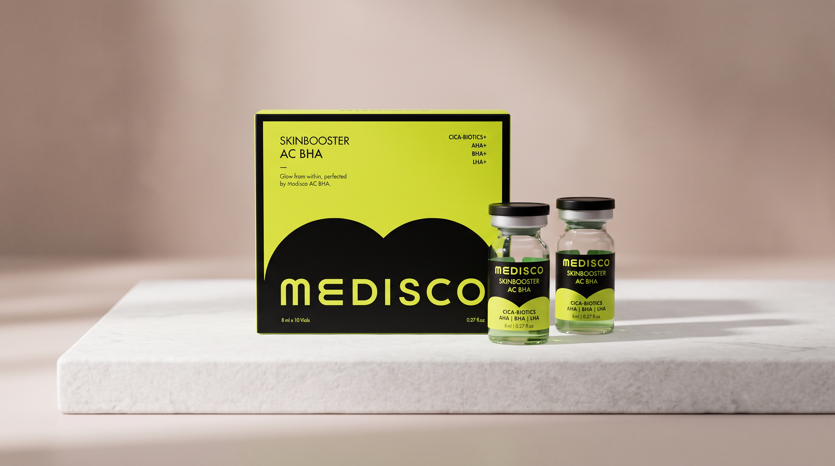 Medisco AC BHA Skin Booster box and vials displayed on a white stone surface
