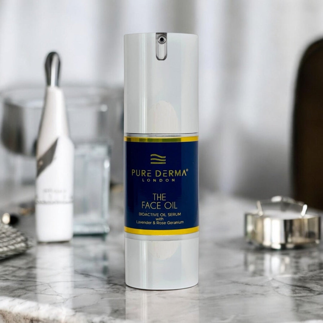 Pure Derma 100% Natural Anti-Ageing Face Oil bottle on a bathroom countertop