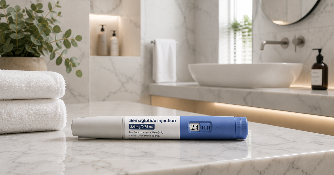 Semaglutide GLP-1 injection pen on a marble bathroom counter beside white towels