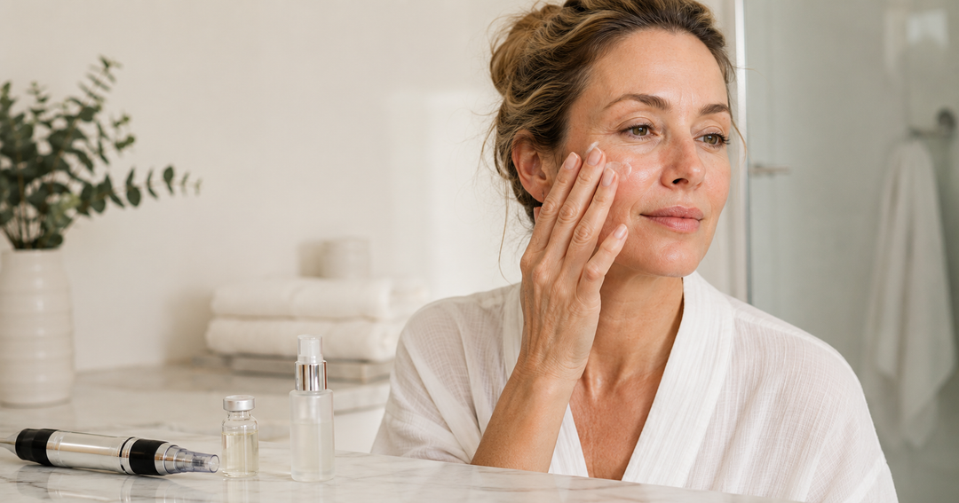 Woman applying serum to her face in an at home skincare routine