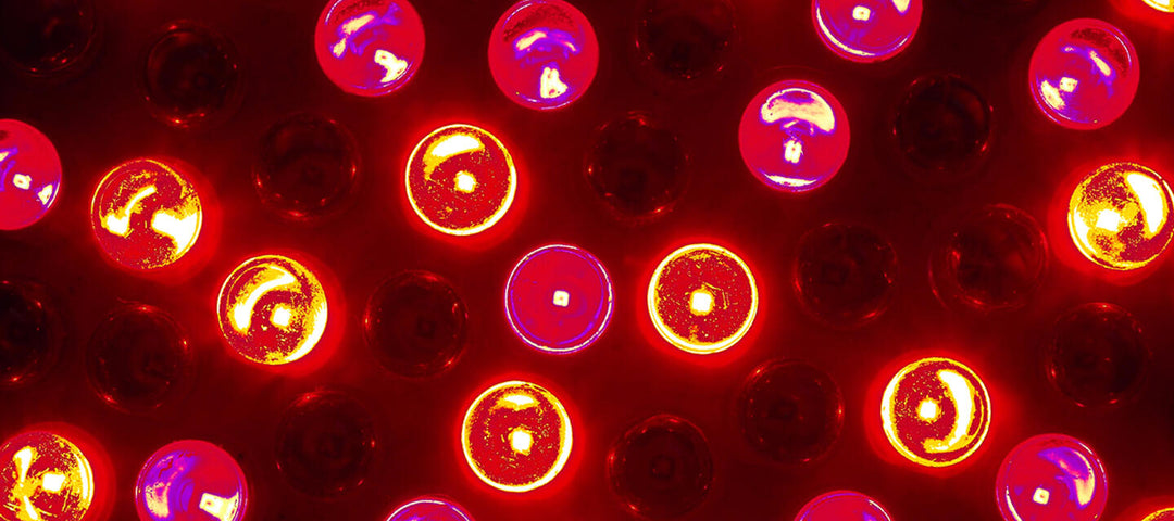 Close-up of red LED light therapy bulbs, showing light at different intensities