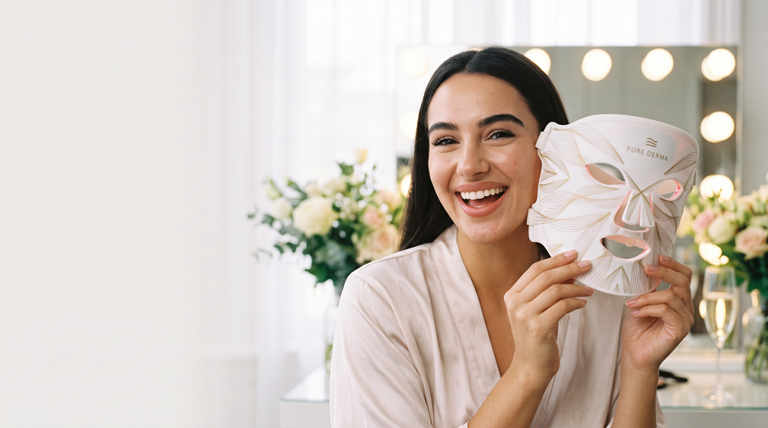 LED light therapy face mask before a big event – Pure Derma London skincare prep for weddings and birthdays