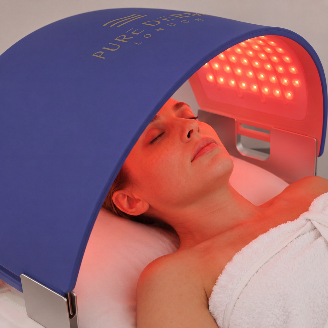 Pure Derma LED Flex Dome in facial dome position showing all four LED wavelengths