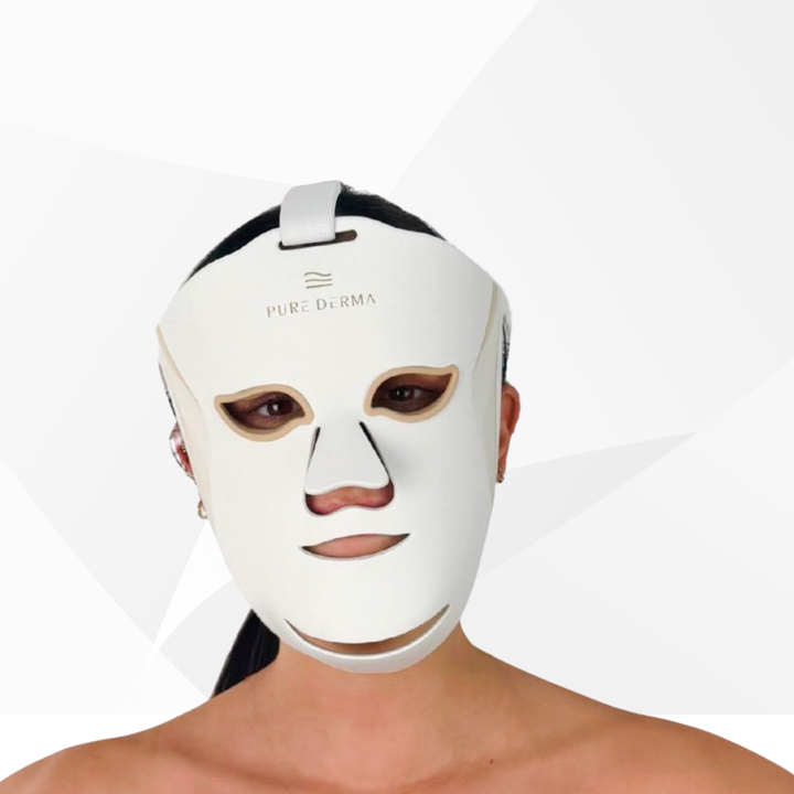 Person wearing a white LED face mask