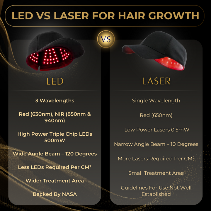 LED red light hair growth cap versus laser hair growth cap infographic