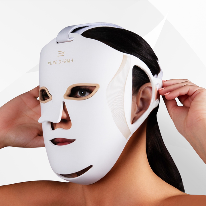 Person wearing a white LED face mask