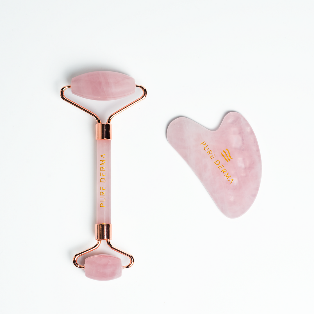 Rose Quartz Gua Sha Roller Set Pure Derma London