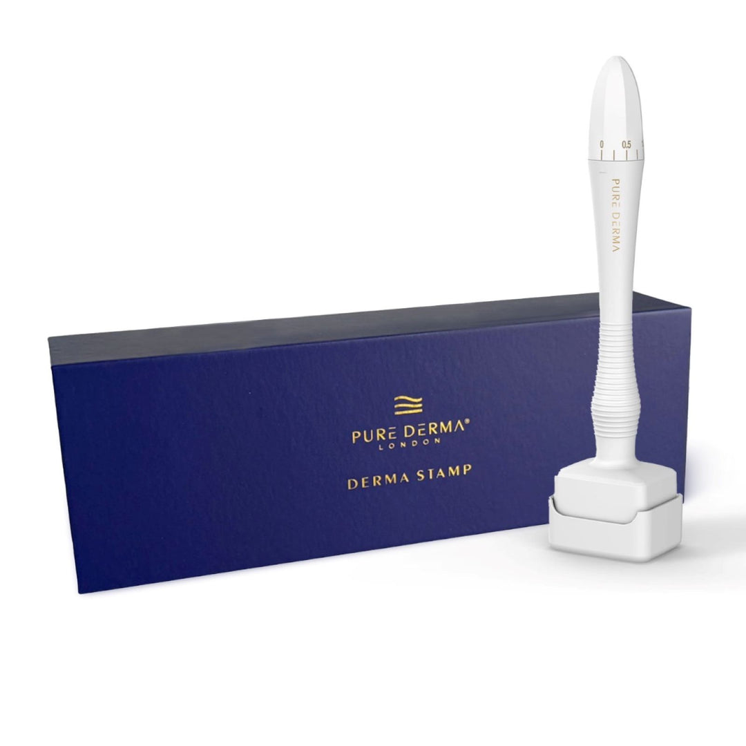 white derma stamp with blue packaging featuring Pure Derma branding on a white background.