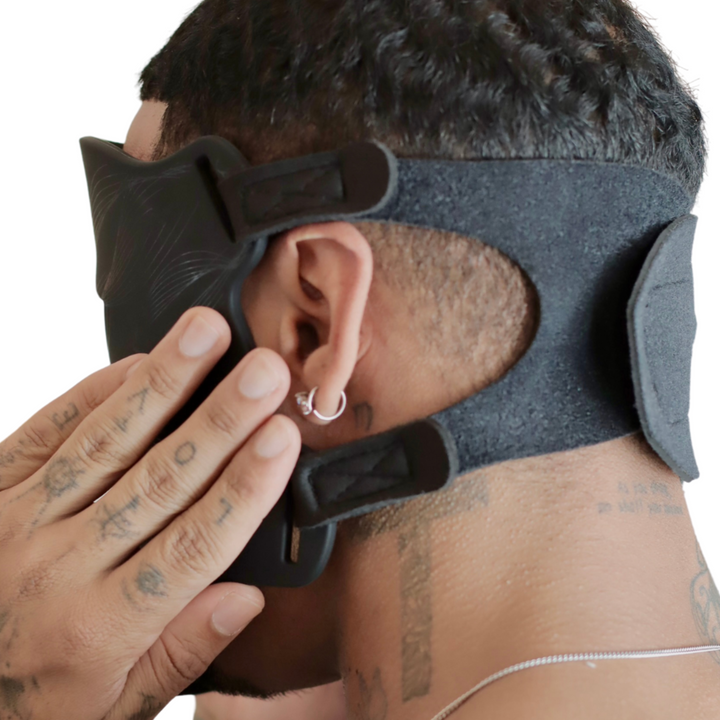 back of mask showing straps of Pure Derma London black LED light therapy face mask