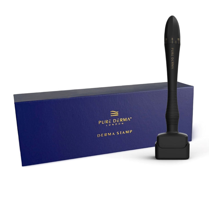 black derma stamp with blue packaging box featuring Pure Derma branding on a white background.