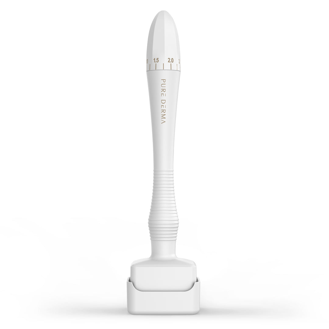 adjustable white derma roller with Pure Derma  branding on a white background