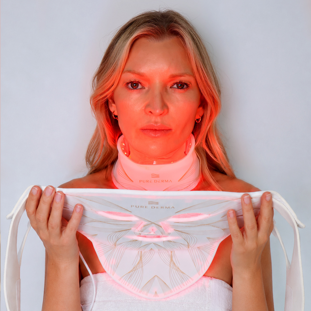 model with LED light therapy face, neck & chest Pure Derma London