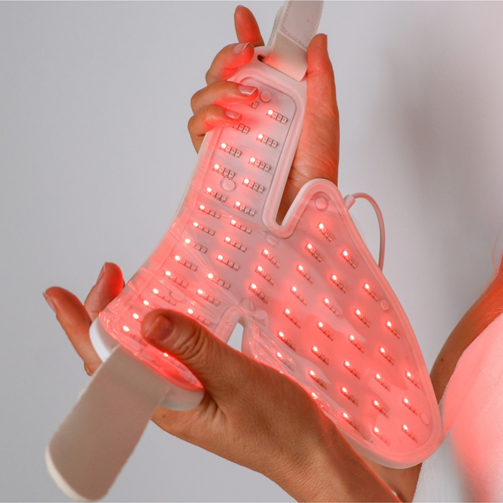 LED light therapy face, neck & décolletage mask showing 140 red LEDs
