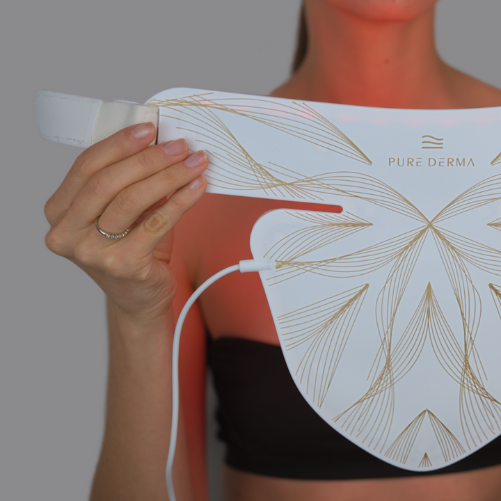 LED light therapy face, neck & décolletage mask showing pure derma London logo 