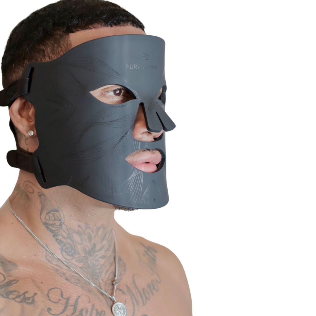 male model wearing Pure Derma London LED face mask
