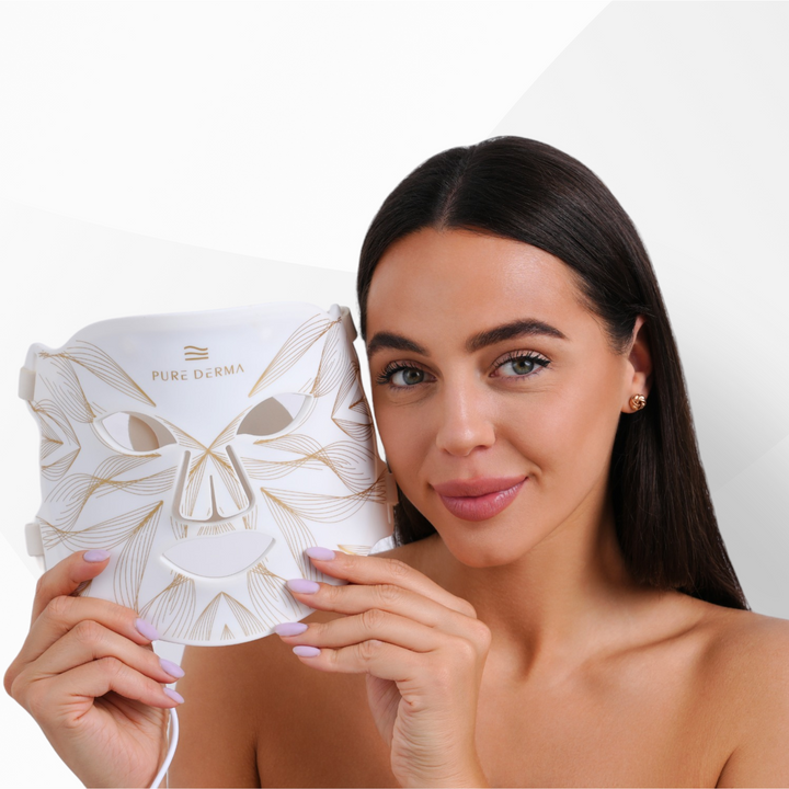 model holding white LED light therapy face mask