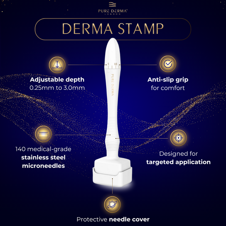 Pure Derma London Hair Growth & Skincare Derma Stamp Adjustable 0.25 - 3.0mm 140 Medical Grade Stainless Steel Microneedles