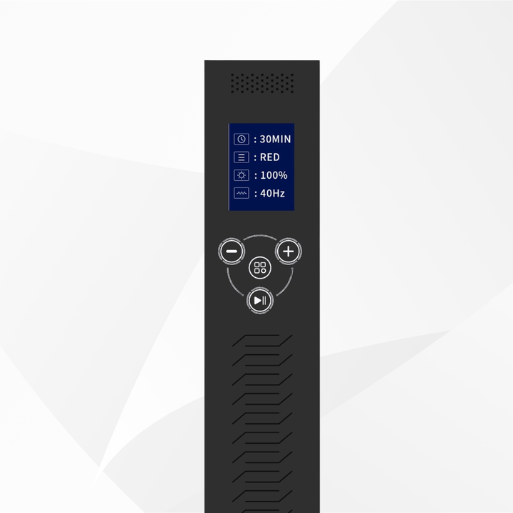 Pure Derma London LuminAGE LED Panel LCD screen and controls showing timer, mode, energy level and pulse settings
